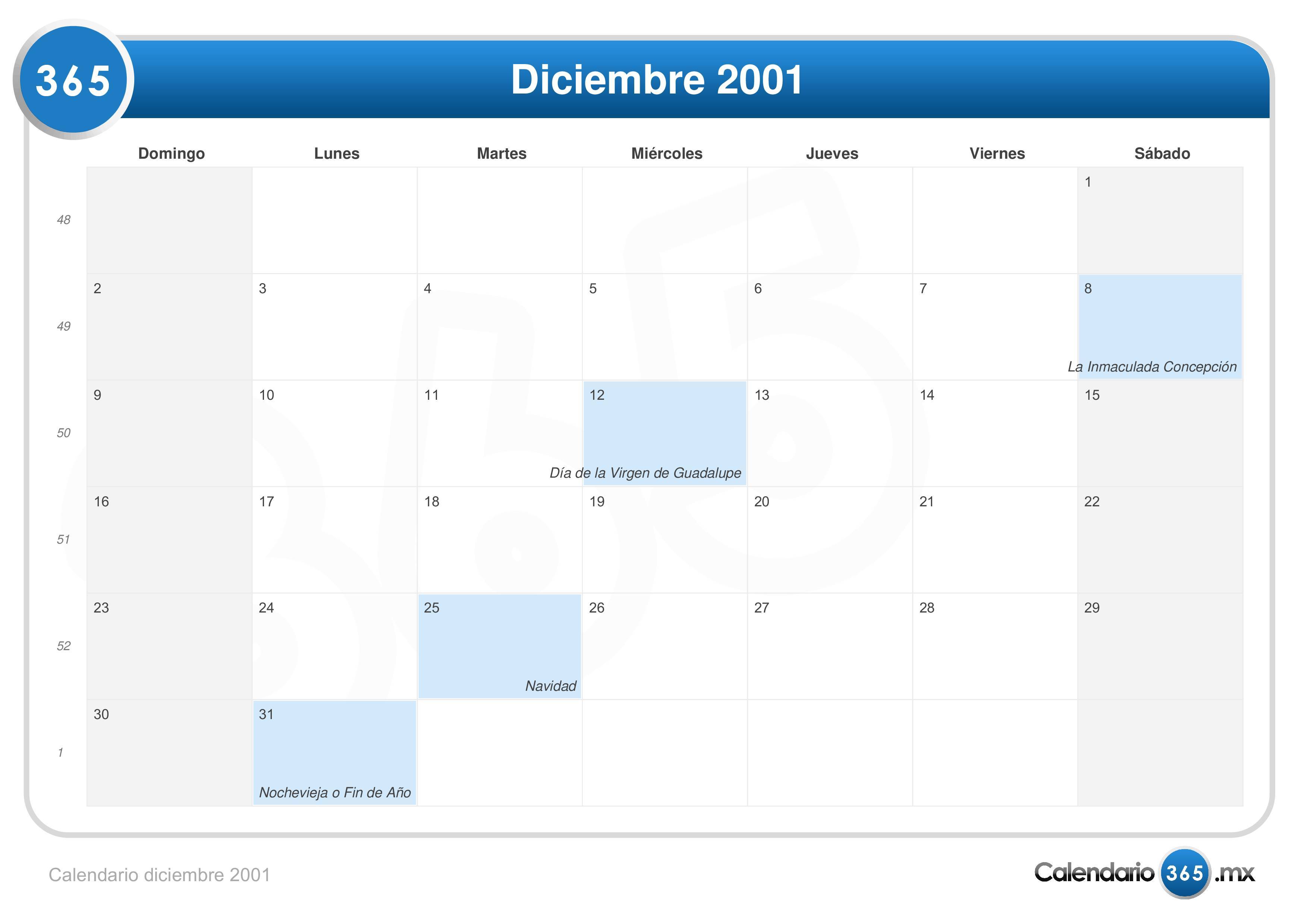 Calendario diciembre 2001 para imprimir: ¡Organiza tu mes de forma práctica y visual!