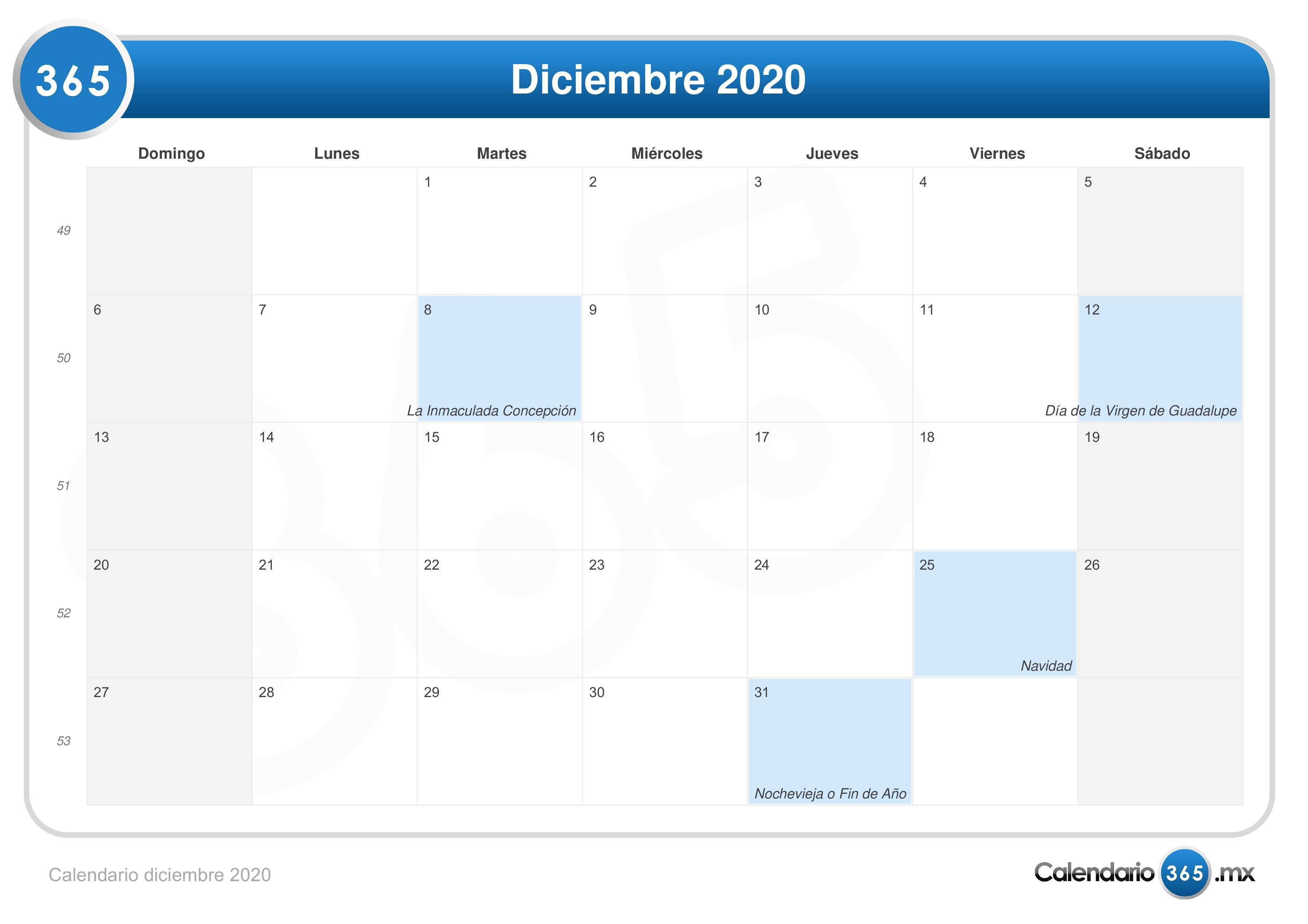 Calendario Diciembre 2020