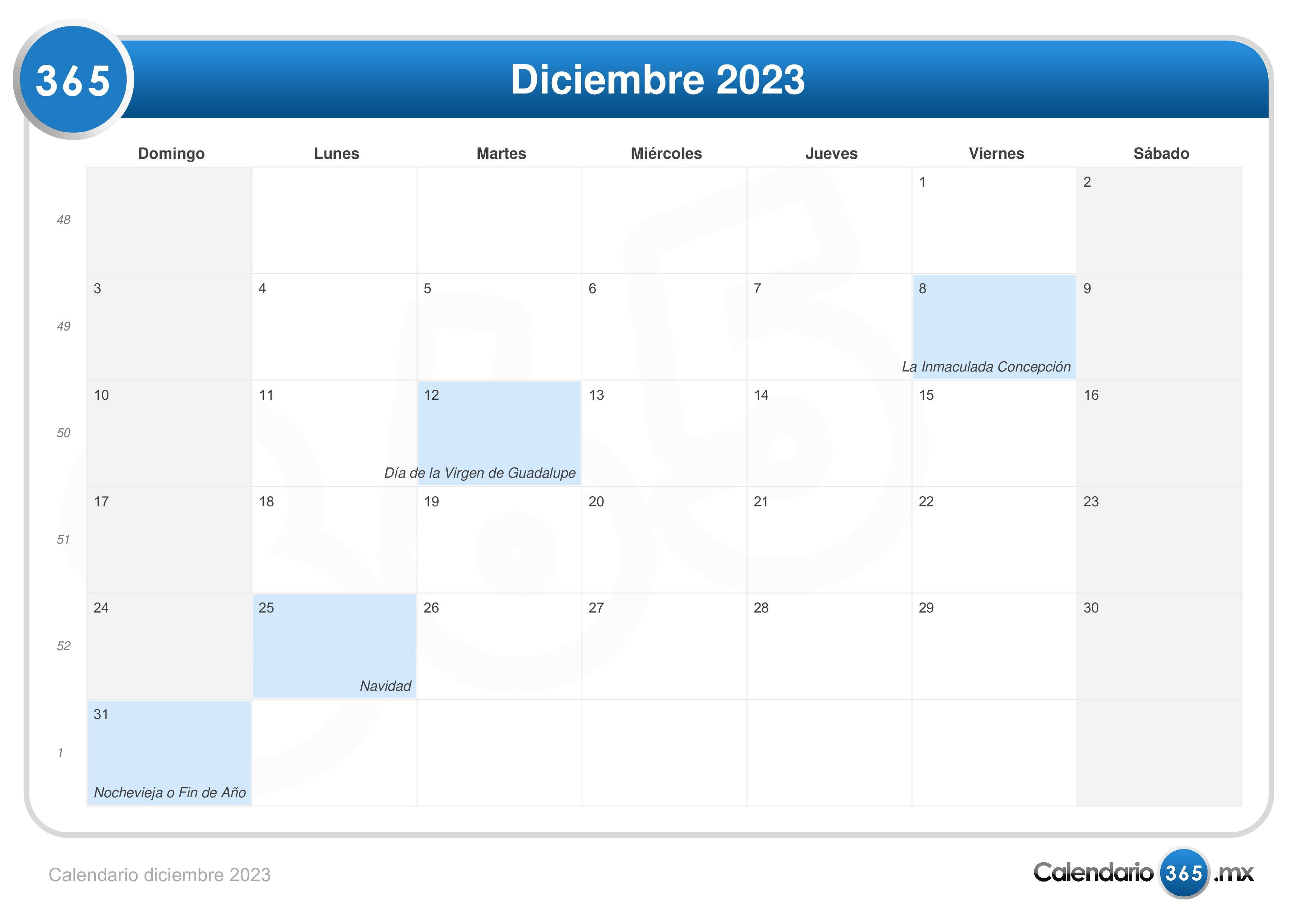 Calendario Diciembre 2023