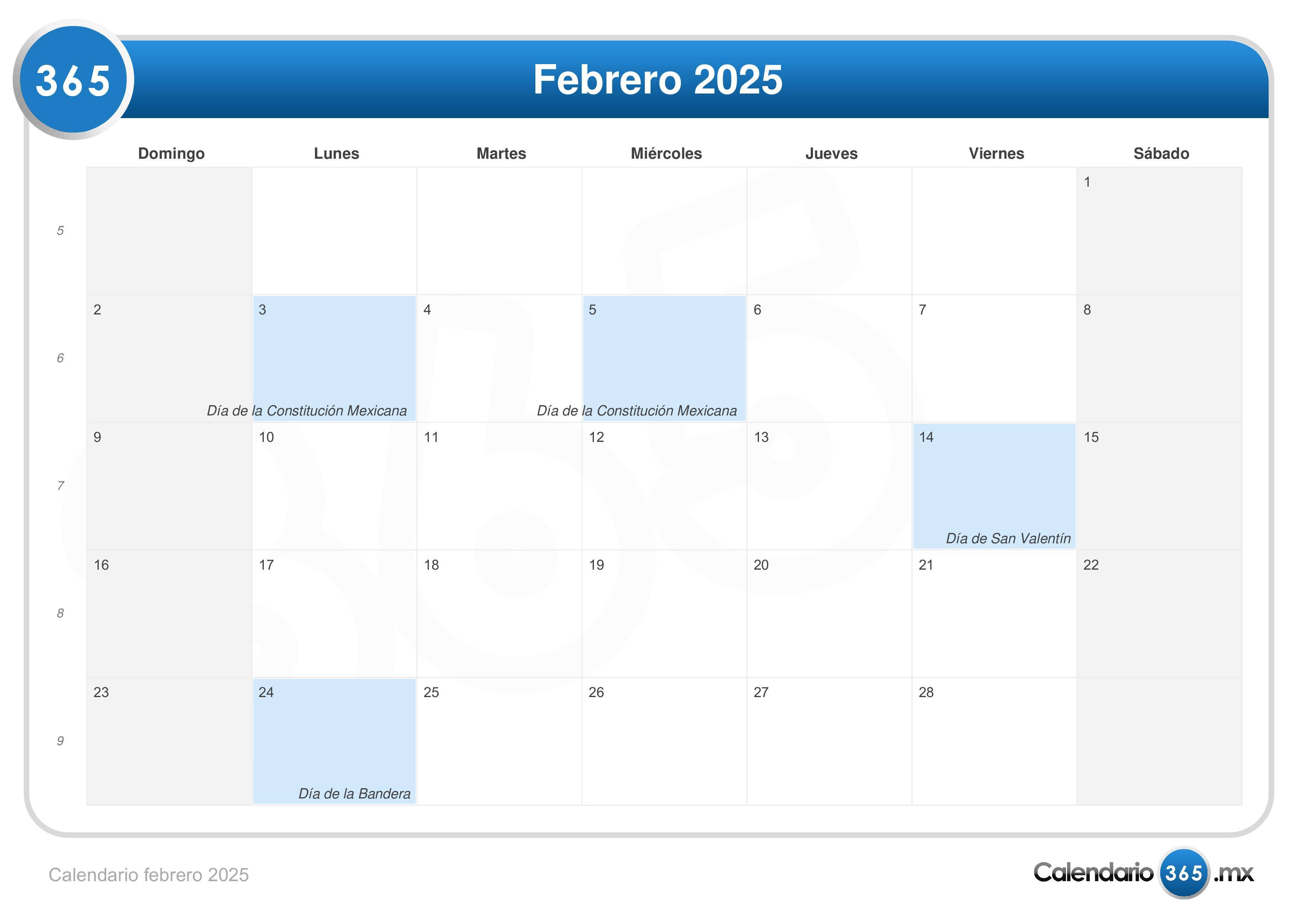 Calendario febrero 2025