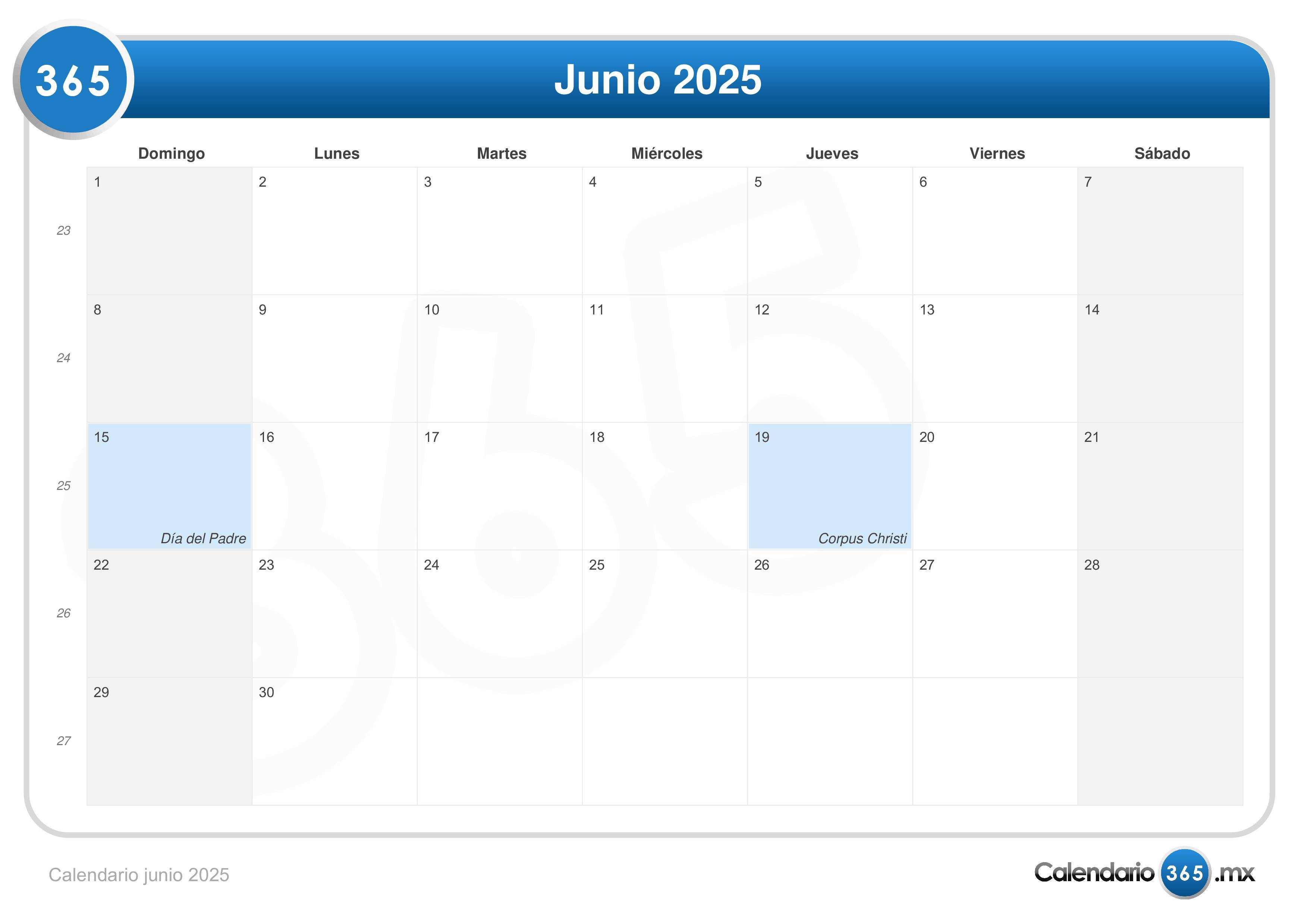Calendario junio 2025