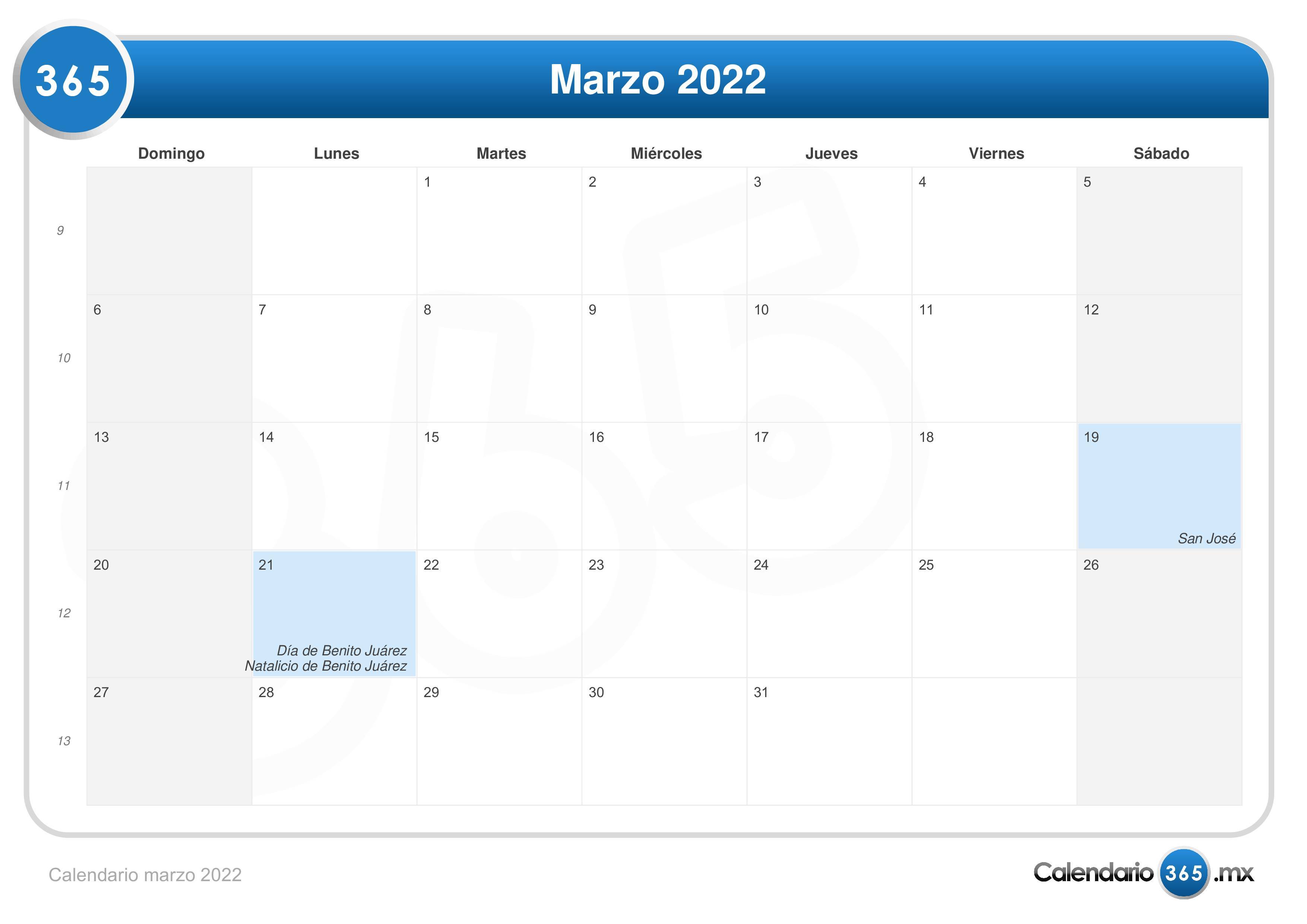 Calendario marzo 2022