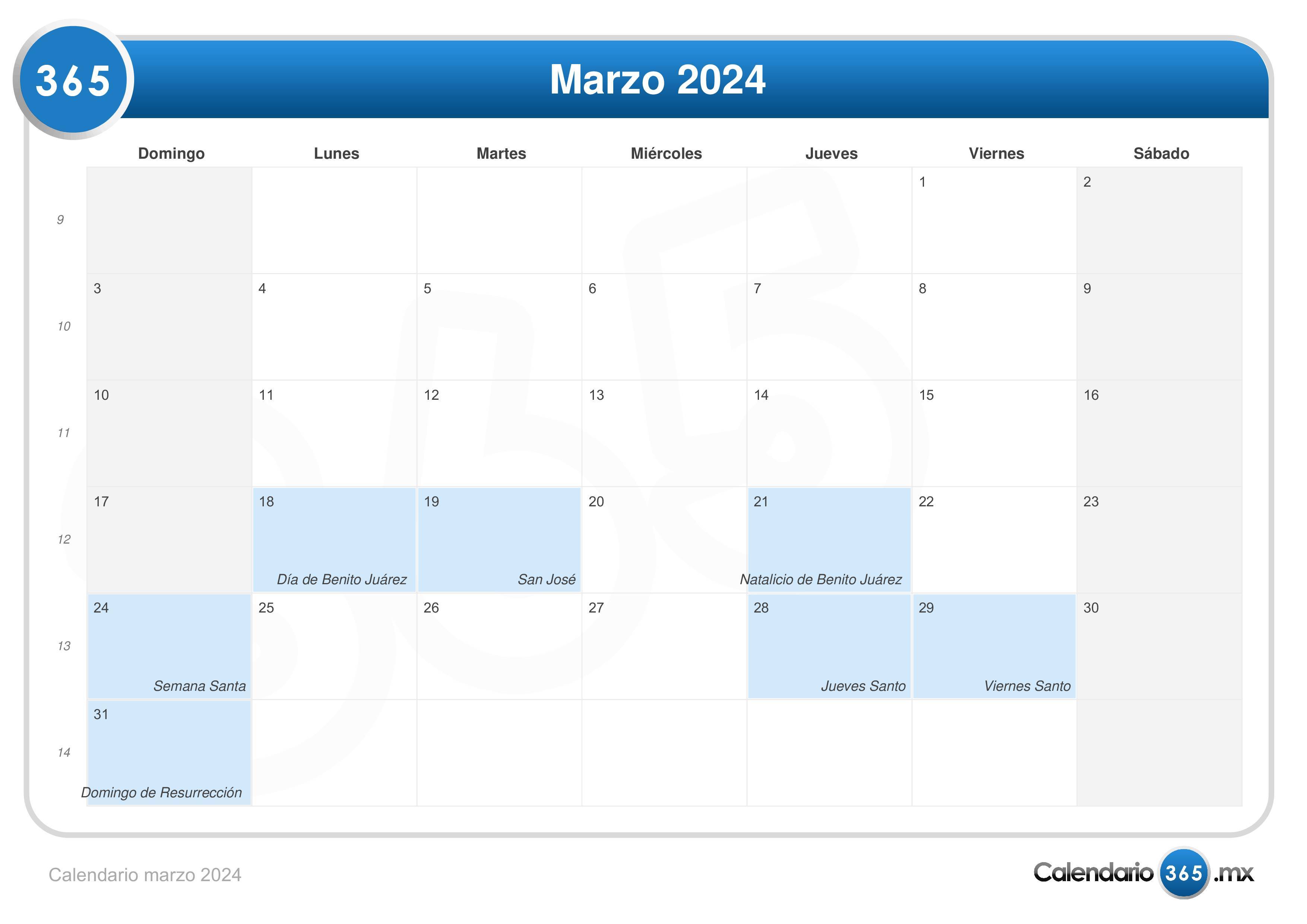 Calendario marzo 2024