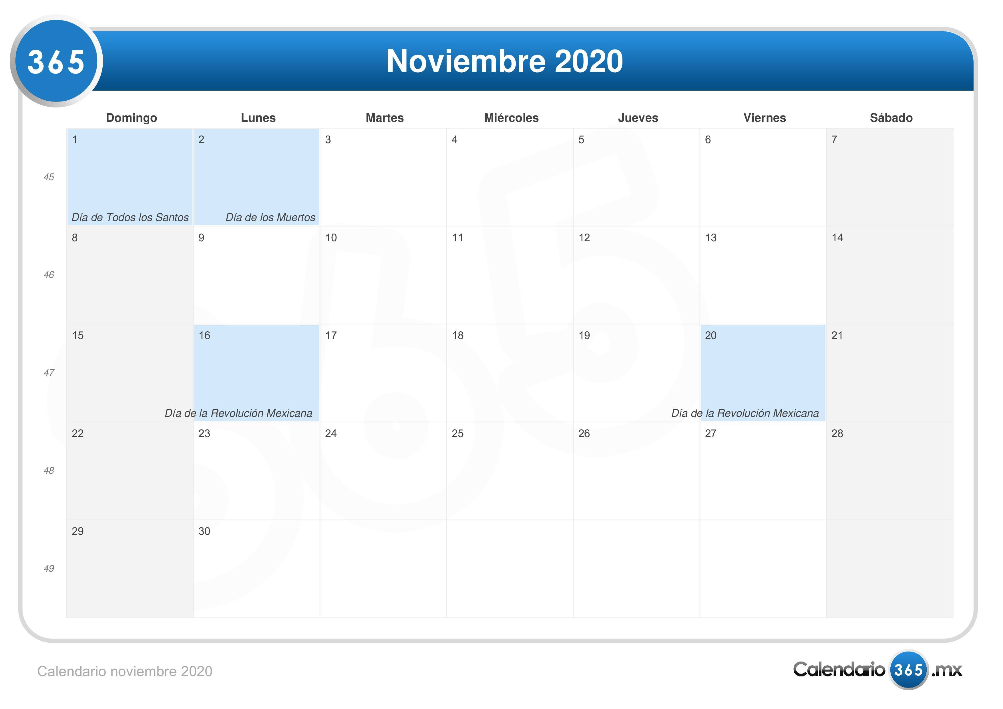 Calendario Noviembre 2020